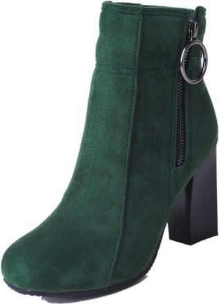Generic Womens Ankle Boots Suede Leather Side Zip O-Ring Detail Block Heels Round Toe Comfortable Non Slip Durable for Daily Wear Party Street Fashion,Green,7