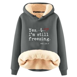 Generic Fleece Sweatshirt for Women Warm Plush Top Womens Long Sleeved Letter Print Velvet Warm Hooded Sweatshirt Outwear for Workout Hiking Xmas Gifts (Dark 