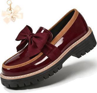Generic Bowknot Retro Thick-Soled Shoes, 2026 Patent Leather Slip-On Flats Chunky Platform for Office Business Daily Wear (Red, Adult, Women, 6.5, Numeric, UK