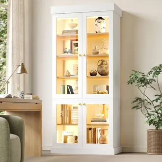 Merax Modern Tall Glass Display Cabinet with Multicolour LED Lighting in White