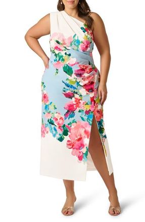 Adrianna Papell Print One-Shoulder Gown in Blue Multi at Nordstrom, Size 16W