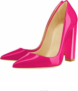 Generic Women Slip-On Chunky Pumps, Fashion Pointed Toe Dress Block Court Shoes, Comfort Closed Toe Leather Party Work High Heels Shoes,Rose Red,2.5 UK