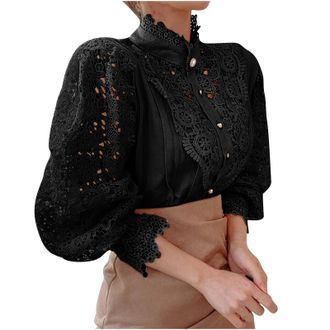 Generic Womens Shirt Blouse Top Embroidery Lace Long Sleeve Solid Colour Button Tunic Comfortable Causal Formal Work Office Business Trendy Sexy Slimming Vint
