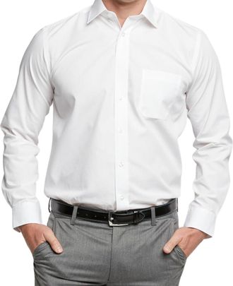 Double TWO Mens Long Sleeve Plain Formal Shirt Non Iron Classic Fit Business Dress Shirt - White, 17.5in Collar