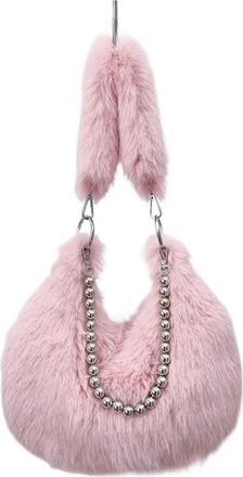 Generic Womens Plush Bags Faux Fur Womens Beaded Chain Underarm Bag Solid Color Plush Female Half Moon Shoulder Bags Winter Fluffy Hobos Handbags(Pink)