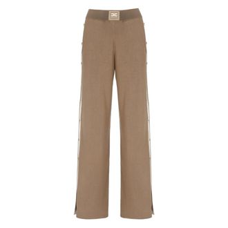 Elisabetta Franchi Wide Trousers, female, Brown, Size: XS Knit Fabric Trousers with Shiny Viscose Bands