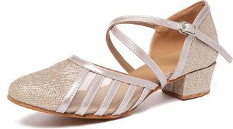 Minitoo Womens Latin Salsa T-Strap Closed Toe Synthetic Ballroom Dance Shoes Evening Wedding Pumps L2044 Champagne 3.5cm Heel UK 6.5