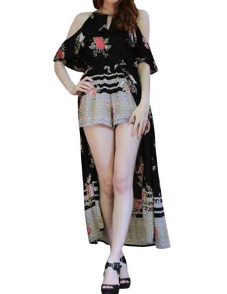 Angie Cold Shoulder Walk Through Maxi Romper In Black