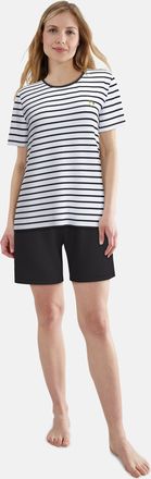 Tom Tailor Shorty TOM TAILOR, Damen, Gr. 36, schwarz, mittel, ringel, Single Jersey, Obermaterial: 95% Baumwolle, 5% Elasthan, bequem kurz, Rundhals, Homewear-Se