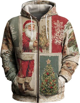 Generic Mens Christmas Patchwork Hoodie, Mens Christmas Vintage Hooded Jacket, Zip Up Oversized Hoodies Casual Long Sleeve Hooded Pullover Retro Graphic Print