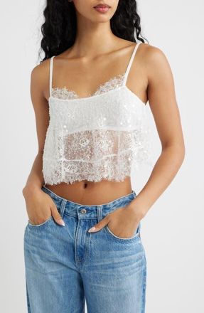 Free People Desert Nights Sequin Crop Sheer Lace Camisole in Ivory at Nordstrom, Size X-Large