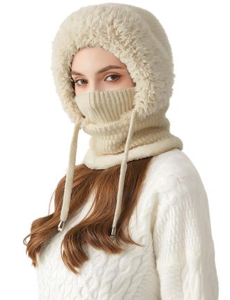 Feoya Womens 2 in 1 Winter Hat Knitted Hat Warm Hat Circle Scarf Set Balaclava Windproof Hat Cold Protection Ski Snow Winter Cap with Fleece Lining C- Beige