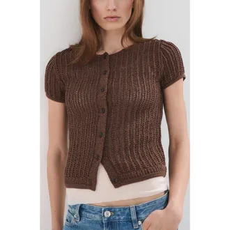 Mango Short Sleeve Crochet Cardigan in Chocolate at Nordstrom, Size X-Small
