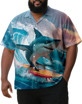 Generic Hawaiian Shirts for Men - Cat Shark Printed Oversized Graphic Vacation Shirts | Button Down Top Summer Fashion Surf Shark M