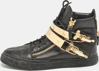 Giuseppe Zanotti Black Leather Double Metal Strap High-Top Sneakers