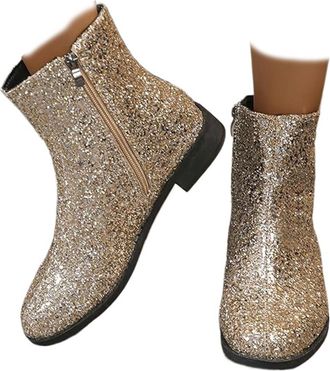 Generic Round Toe Low Chunky Heels Glitter Booties - Sparkle Ankle Boots for Women, Side Zipper Shiny Evening Boots with Chunky Block Heel (Gold,4.5)