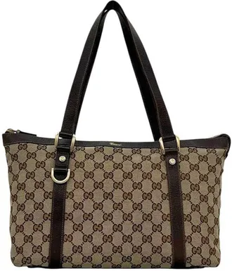 Gucci Beige Brown Gg Canvas Leather Tote Bag (Pre-Owned)