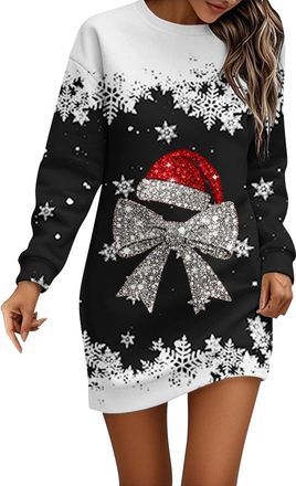 Generic Christmas Dresses for Women Ladies Christmas Dress Long Sleeve Jumper Dress for Women UK Round Neck Xmas Graphic Print Women Dresses Winter Casual Dre