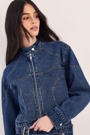 NASTY GAL Womens Denim Moto Jacket - Indigo Blue - Size 12 UK