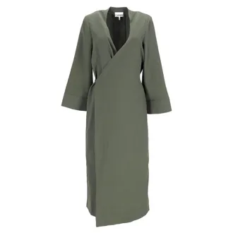 Ganni Ganni Crepe Midi Wrap Dress In Army Green Polyester