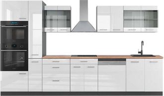 Vicco Cocina R-Line, Blanco brillo/antracita, 350 cm con armario alto, et Roble