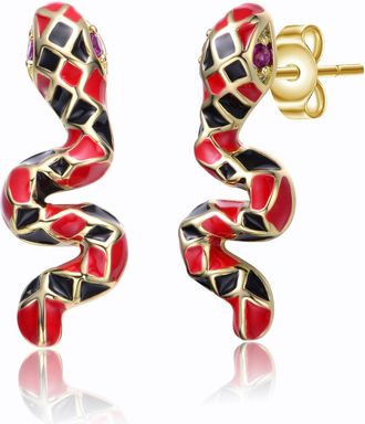 Rachel Glauber RG 14k Yellow Gold Plated with Ruby Cubic Zirconia Black & Red Enamel 3D Slithering Curling Snake Earrings