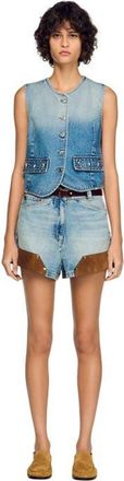 Sandro Cropped studded denim vest in Blue Jean at Nordstrom, Size 40 Eu