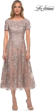 La Femme Tea Length Tulle Dress In Champagne