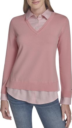 Tommy Hilfiger Womens Long Sleeve Button Up Collared Twofer Sweater, English Rose Multi, Small