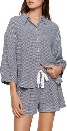 Eberjey Relaxed Tie Waist Linen Blend Shorts in Gingham White/Navy at Nordstrom, Size X-Large