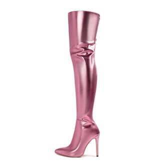 Generic Pink,6.5 UK,Womens Thigh High Boots Back Zipper Pointy Toe Stiletto Heels Colorful Patent Leather PU Fashion Long Boot Party Dress Shoes
