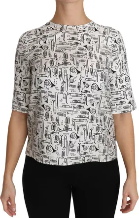 Dolce & Gabbana Womens White Musical Instruments Print Blouse Silk