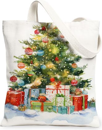 Generic Canvas Tote Bags, Christmas Tree Pattern Reusable Shopping Bags, Colorful Lightweight Washable Shoulder Strap for Gifts Travel 13x15 Inch