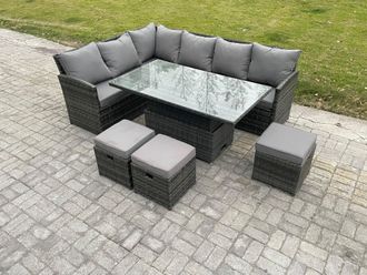 Fimous Wicker PE Outdoor Rattan Garden Furniture Set Height Adjustable Rising Lifting Table Sofa Dining Set with 3 Small Footstools in Dark Grey