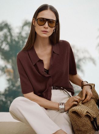 Contemporaine Womens Linen-blend Polo Shirt-collar cardigan