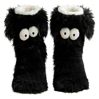 Generic Friends Cozy Socks for Women, Cute Big Eyes Fuzzy Slipper Socks with Ears, Winter Warm Plush Fleece Non-Slip House Socks for Indoor Wear (black)