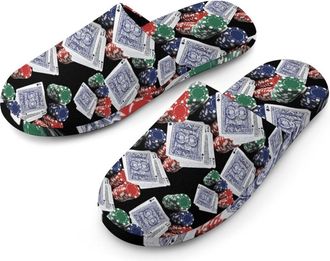 Generic Playing Cards And Poker Chips Mens Flannel Slipper Soft Comfy House Shoes Non Slip Winter Warm Indoor Outdoor Slippers