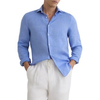 Reiss Ruban Regular Fit Solid Linen Button-Up Shirt in Buddy Blue at Nordstrom, Size Xx-Large