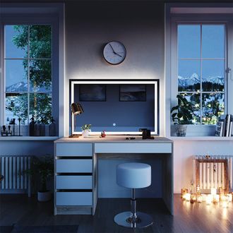 Vicco Tocador Sherry, Blanco/sonoma, 120 Cm Con Espejo Led Y Taburete