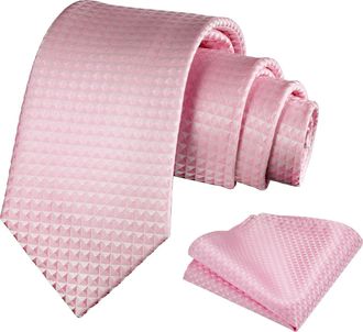 Alizeal Mens Solid Color Necktie and Pocket Square for Business Formal Classic Elegant Check Tie and Hanky Set, Pink