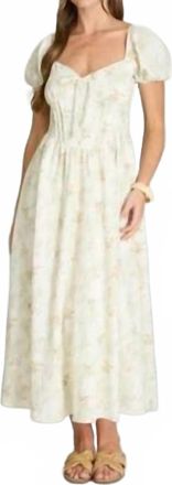 Blu Pepper Floral Sweetheart Puff Sleeve Corset Midi Dress In Light Olive Multi