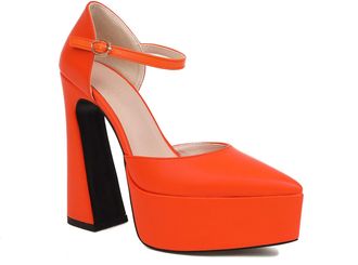 Generic Womens Pointed Toe PU Leather Bridal Shoes Ankle Strap Wedding Dress Shoes with Buckle Chunky High Heel Platform Pumps,Orange,5.5 UK
