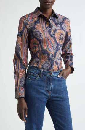 Etro Paisley Stretch Cotton Button-Up Shirt in Print On Blue Base at Nordstrom, Size 44