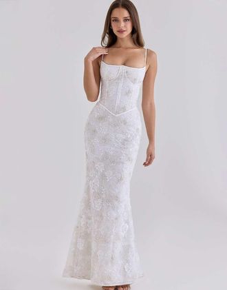 House of CB Naima - Vestito lungo bianco con corsetto decorato con perline