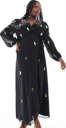 Hope & Ivy wrap front maxi dress with gold embellishment in black