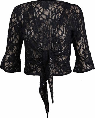 Purple Hanger New Womens Floral Lace 3/4 Three Quarter Short Sleeve Ladies Front Tie Up Sequin Shrug Bolero Stretch Cropped Top Cardigan Plus Size Black Size 24-26