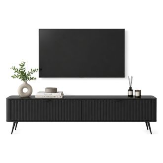 Dmora Mueble Para Tv Kala, 2 Estantes, 2 Puertas, Efecto Estriado Con Patas, 200x38x51h Cm Negro