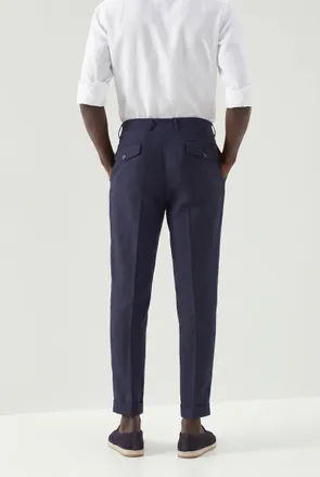 Brunello Cucinelli Linen Pleated Tapered Trousers - Navy