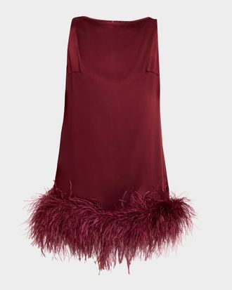 Sally Lapointe Feather-Trim Satin Sleeveless Mini Dress