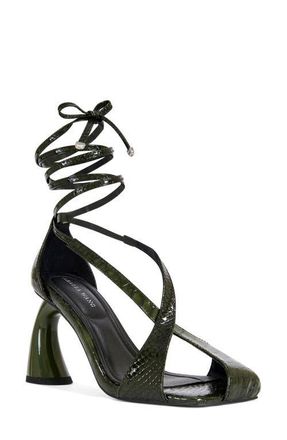 Azalea Wang Keleder Snakeskin Embossed Ankle Wrap Sandal in Olive at Nordstrom, Size 7.5